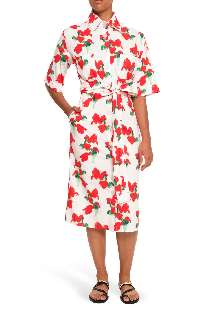 The Lulo Project Marina Floral Stretch Cotton Midi Shirtdress, Main, color, Orange Bloom Beige