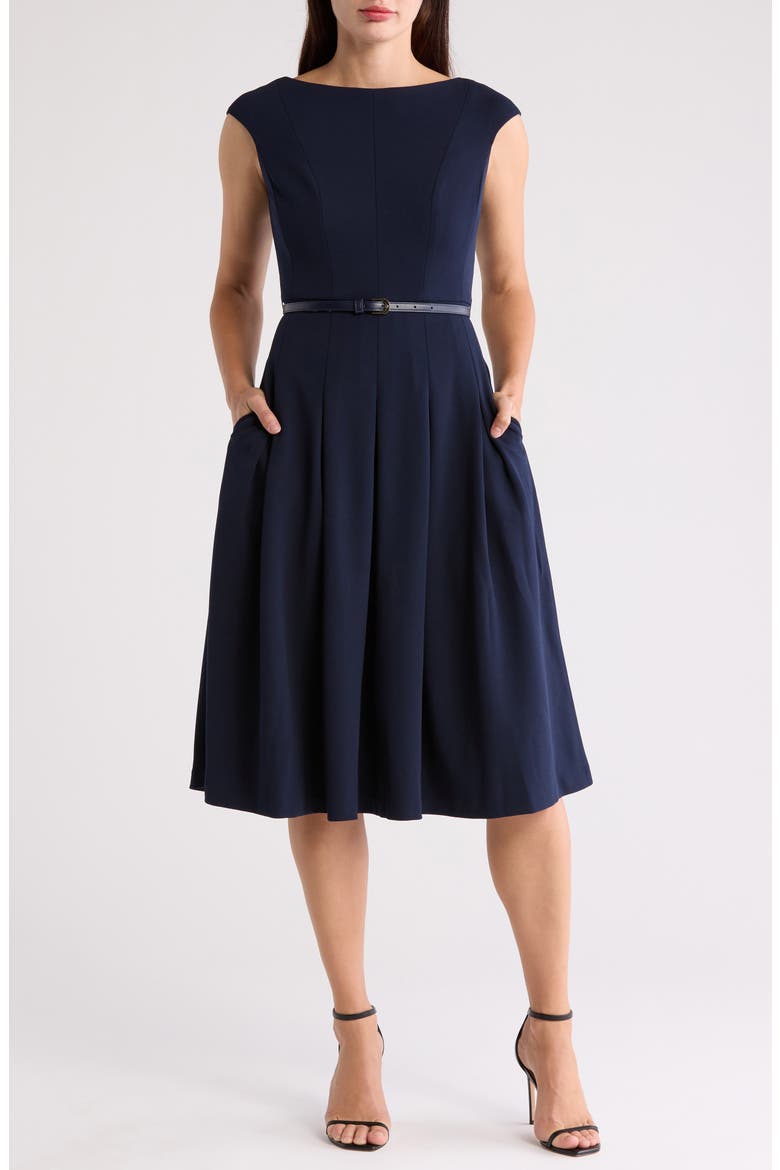 Bateau Neck Cap Sleeve Midi Dress, Main, color, NAVY