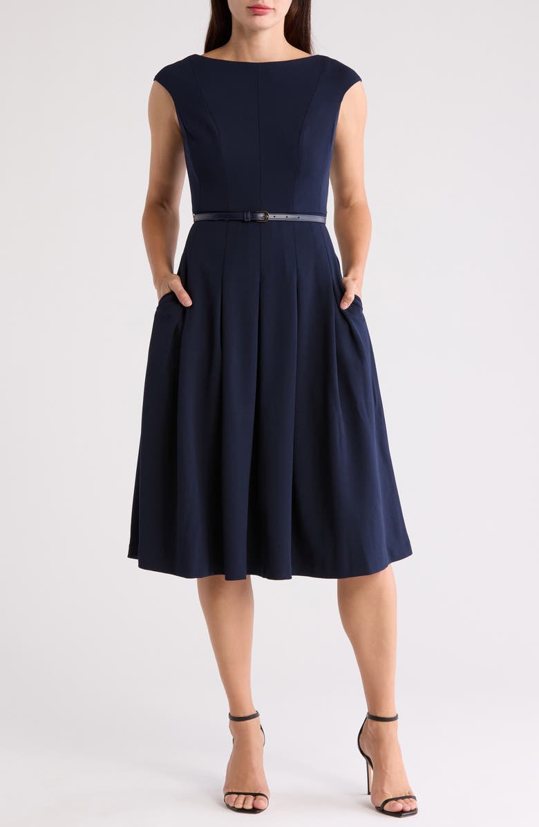 Eliza J Bateau Neck Cap Sleeve Midi Dress, Main, color, 