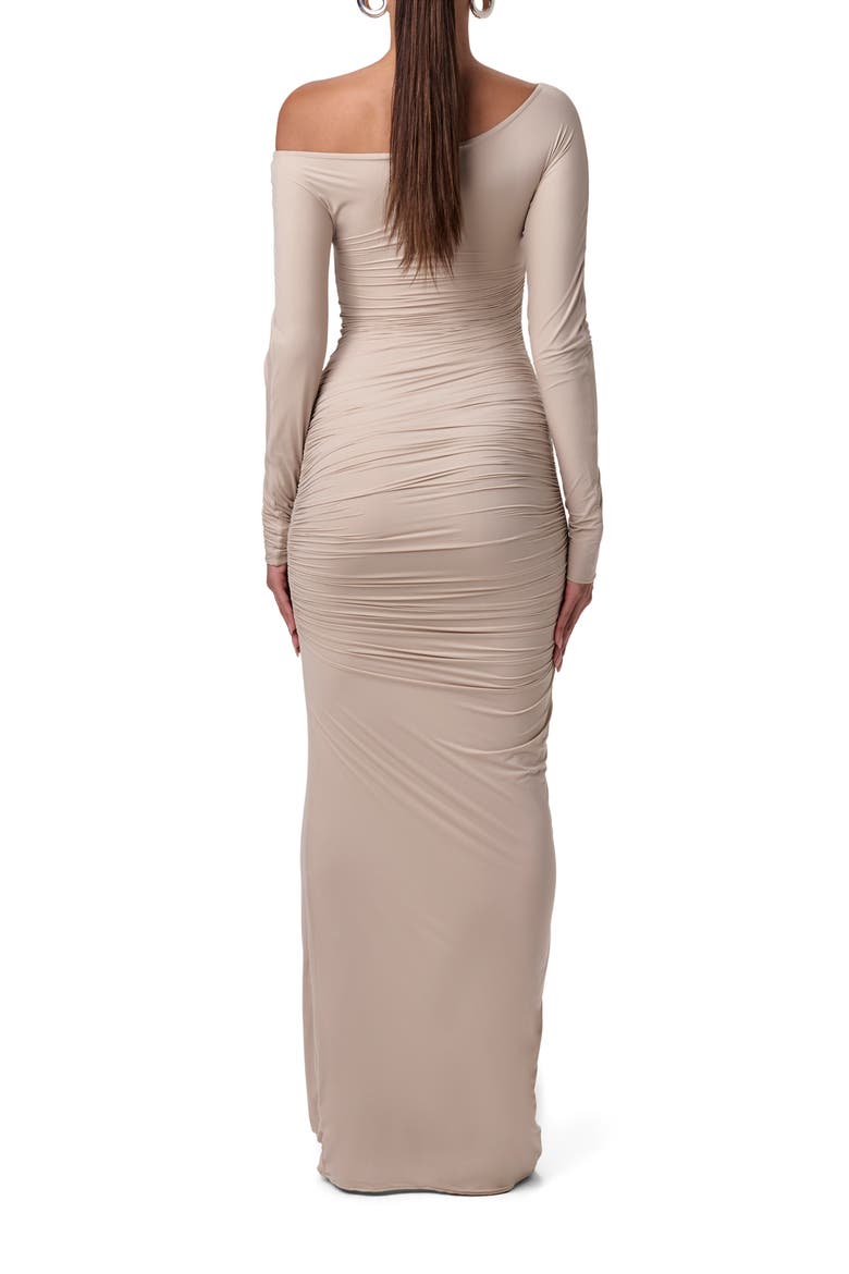 Ruched Off the Shoulder Long Sleeve Maxi Dress, Alternate, color, TAUPE
