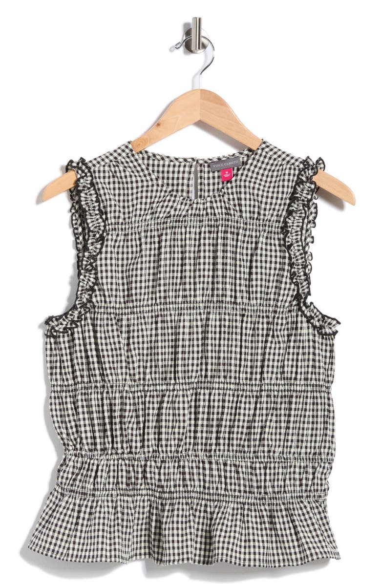 Vince Camuto Shirred Gingham Tank, Main, color, Rich Black