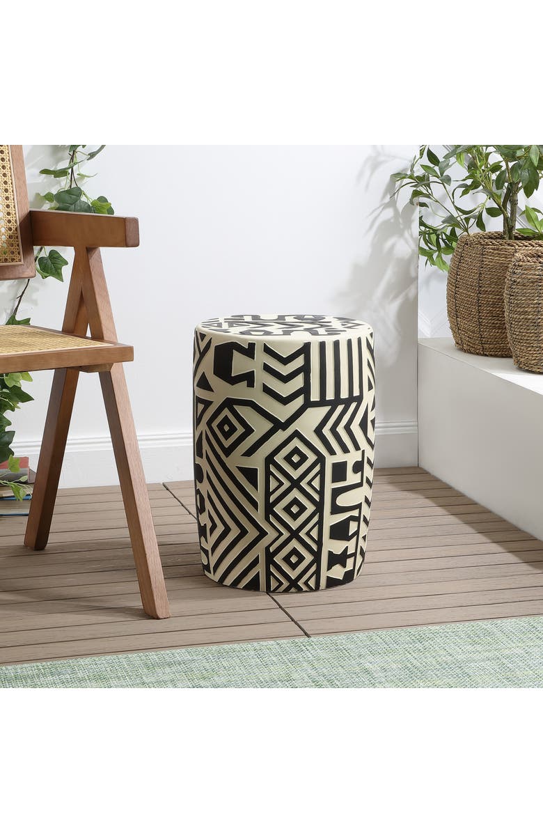 JONATHAN Y Rafi 17.75" MidCentury Modern Geometric Drum Garden Stool, Alternate, color, Black/Cream