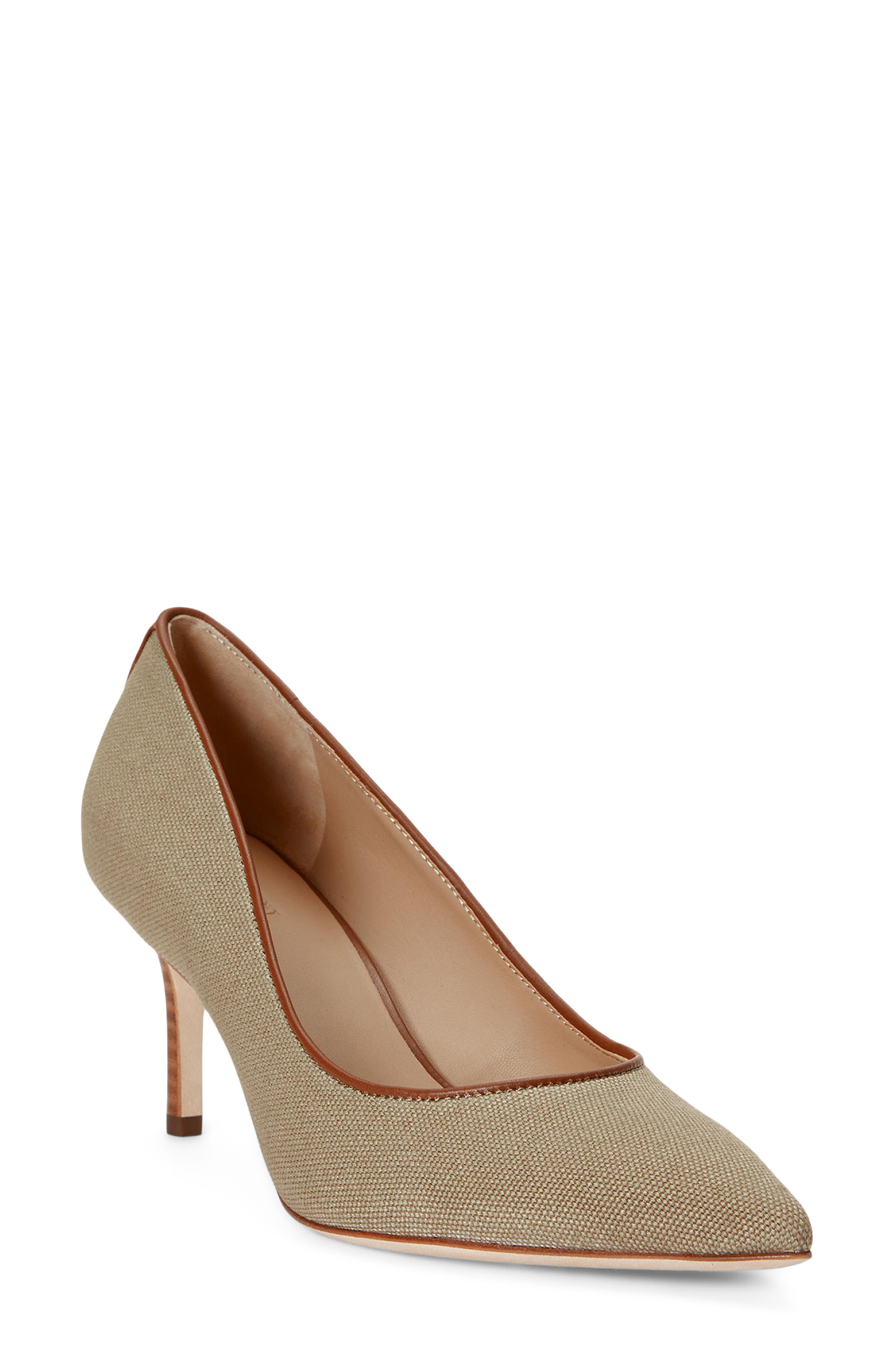 Ralph Lauren Lanette Washed Canvas Pointed Toe Pump, Main, color, Light Agave/ Lauren Tan