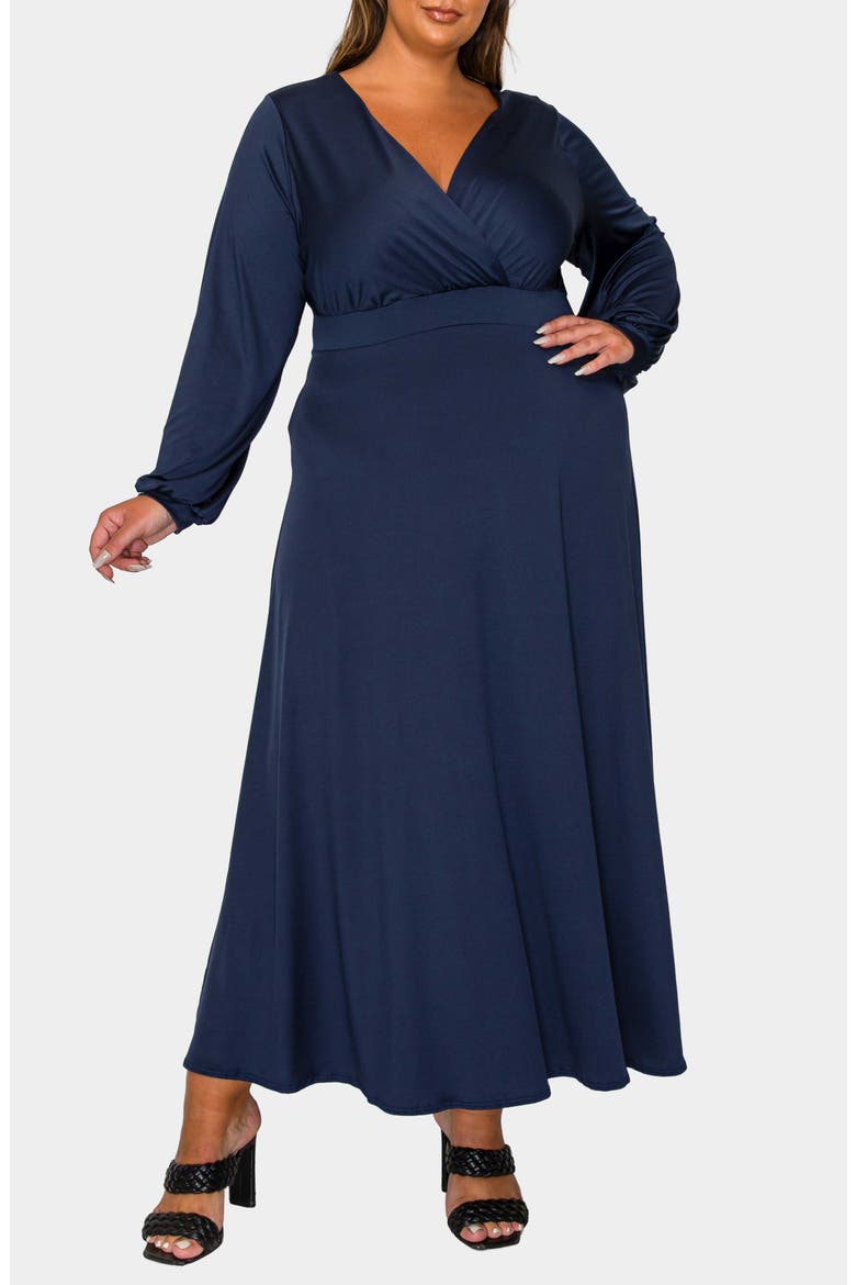 Sophia Surplice Neck Long Sleeve Satin Maxi Dress, Alternate, color, NAVY