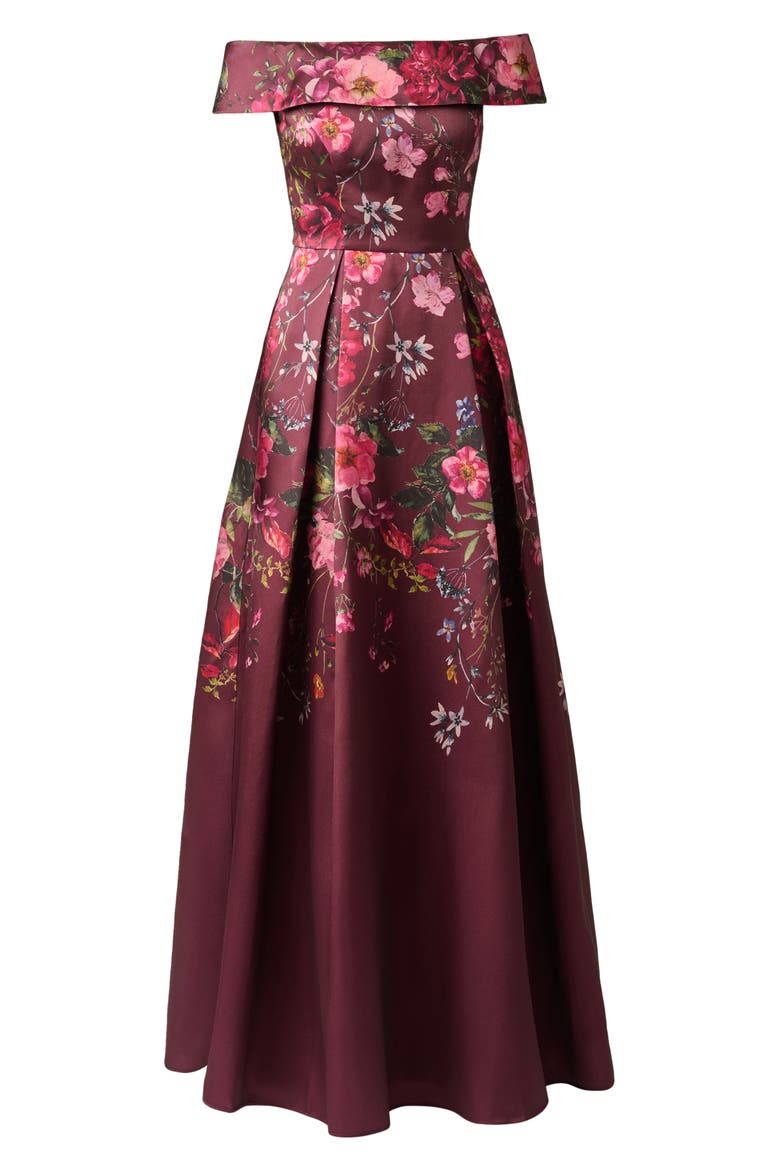 Off Shoulder Garden Floral Mikado Ballgown, Alternate, color, BURGUNDY MULTI