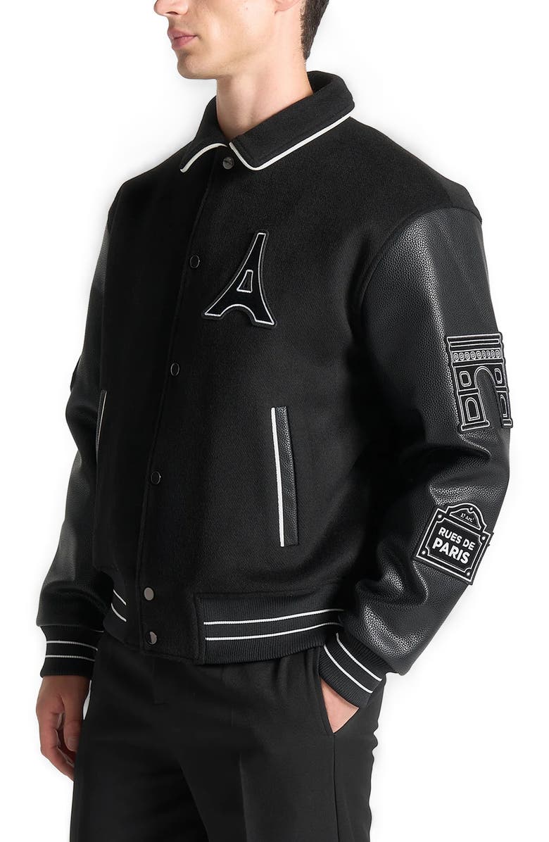 Manière De Voir Oscar Mona Lisa Wool Blend Varsity Jacket, Alternate, color, Black