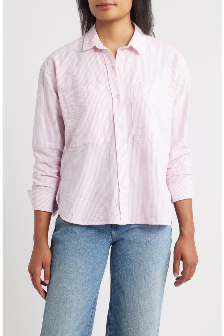 Everly Stripe Cotton Button-Up Shirt, Main, color, PINK CHIC