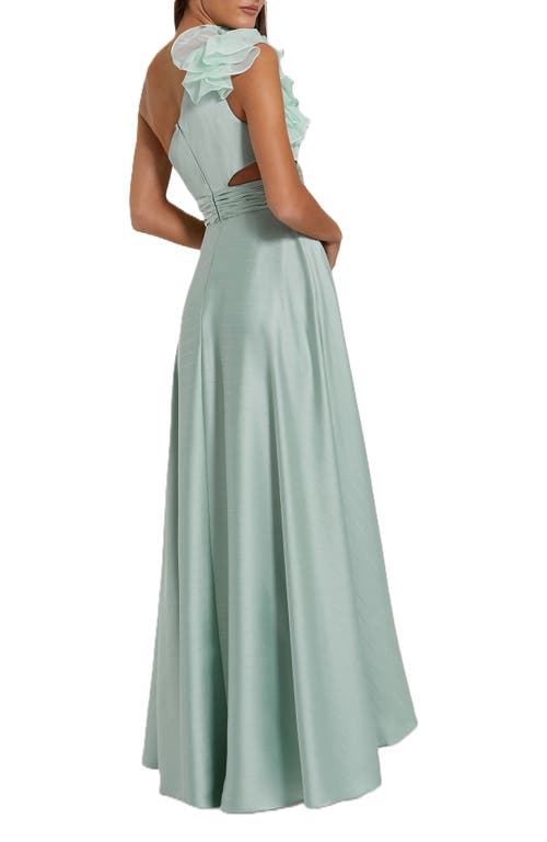 Mac Duggal Ruffled One Shoulder Cut Out Hi-lo Gown In Sage