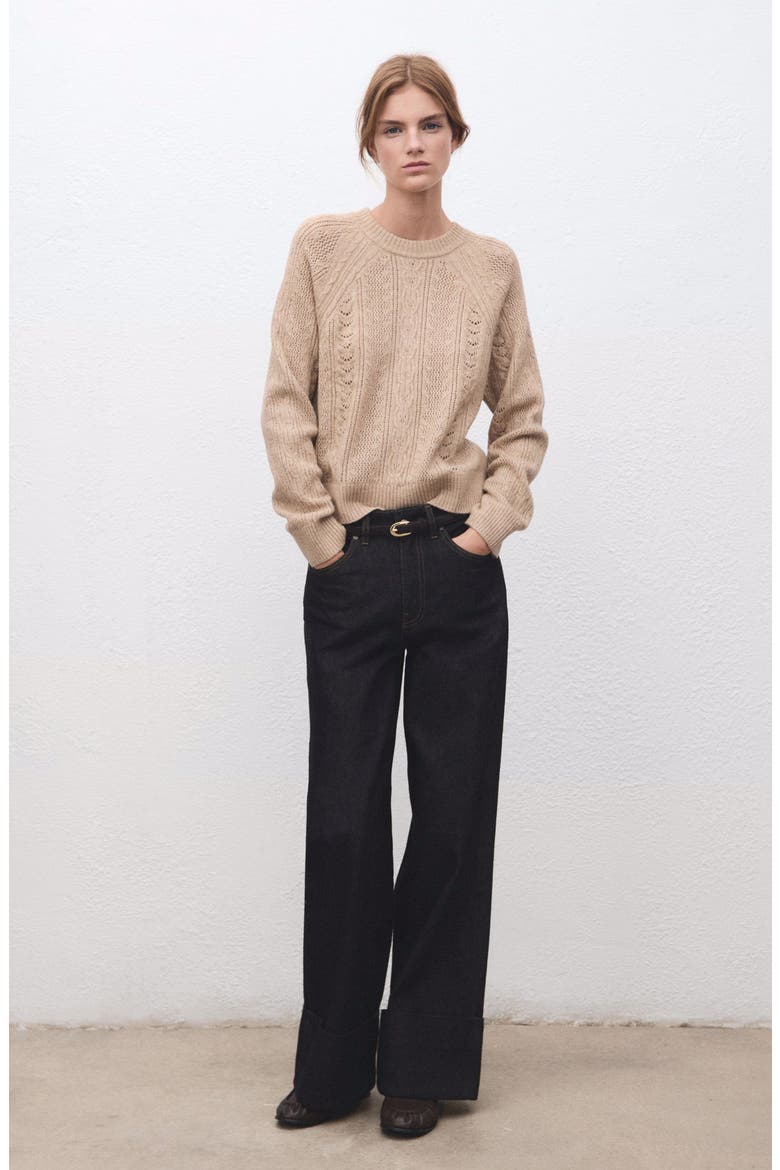 Pointelle Crewneck Sweater, Alternate, color, MEDIUM BROWN