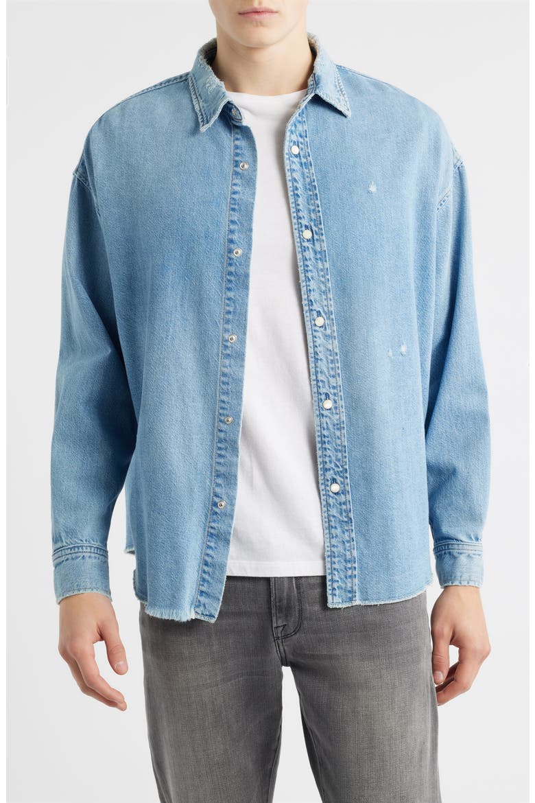 Relaxed Fit Distressed Denim Snap-Up Shirt, Main, color, VOLTAGE