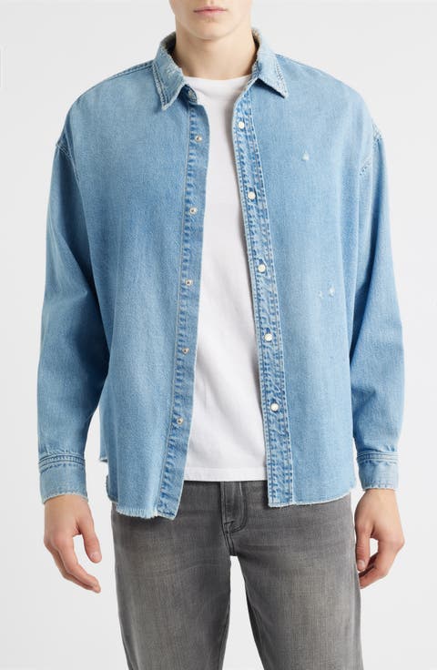 Relaxed Fit Distressed Denim Snap-Up Shirt