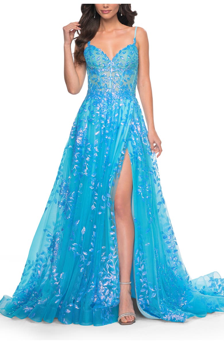 La Femme Sequin Lace Print Tulle A-Line Prom Dress with Illusion Bodice, Alternate, color, Blue