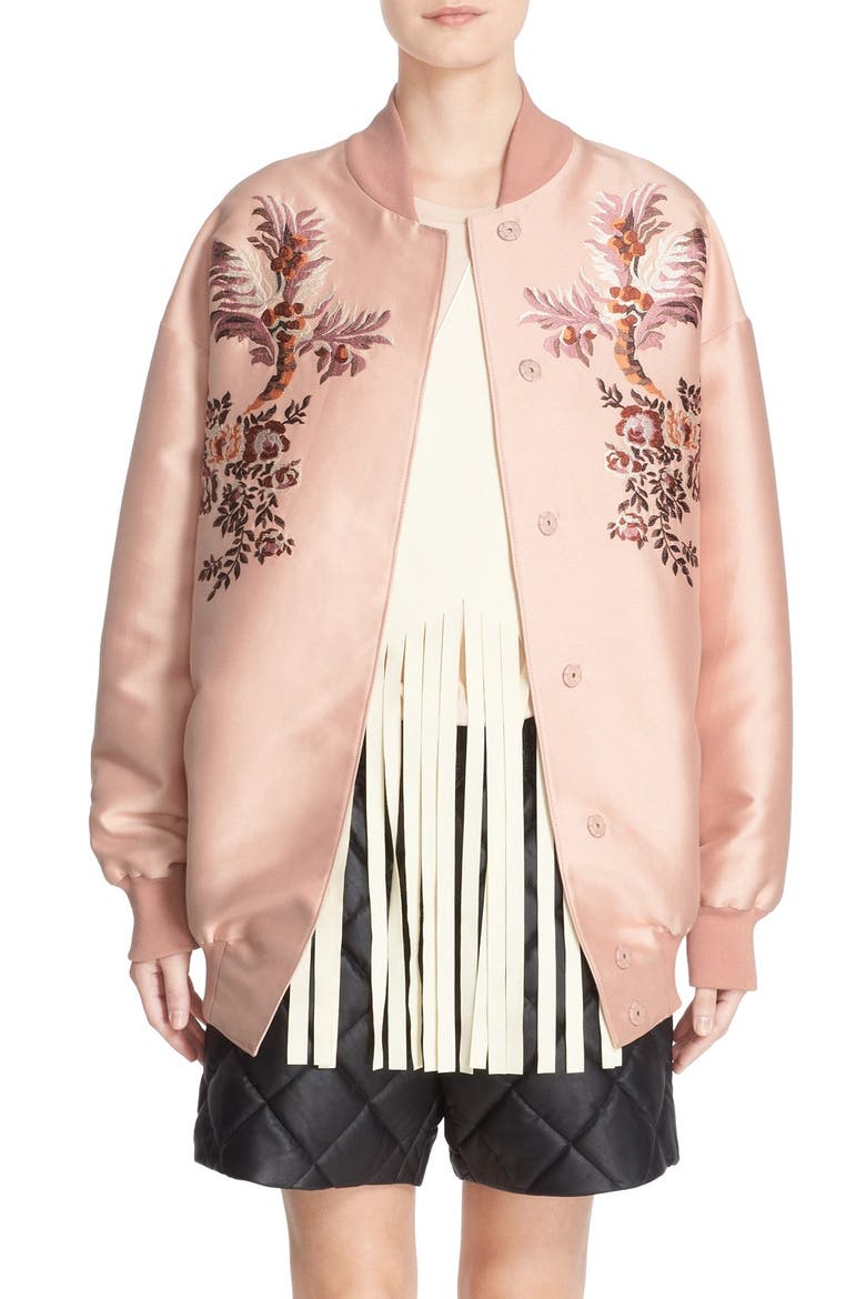 Floral Embroidered Duchesse Satin Bomber Jacket, Main, color, ROSE