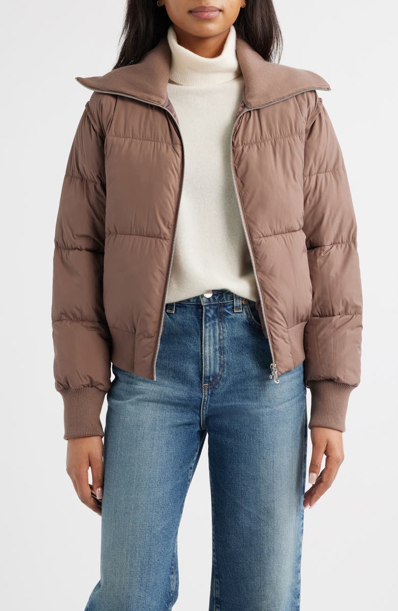 Bernardo Knit Collar Crop Puffer Jacket, Alternate, color, Pine Bark