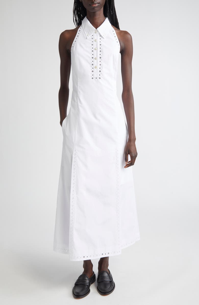 Thom Browne Eyelet Embroidered Cotton Poplin Halter Polo Dress, Main, color, White