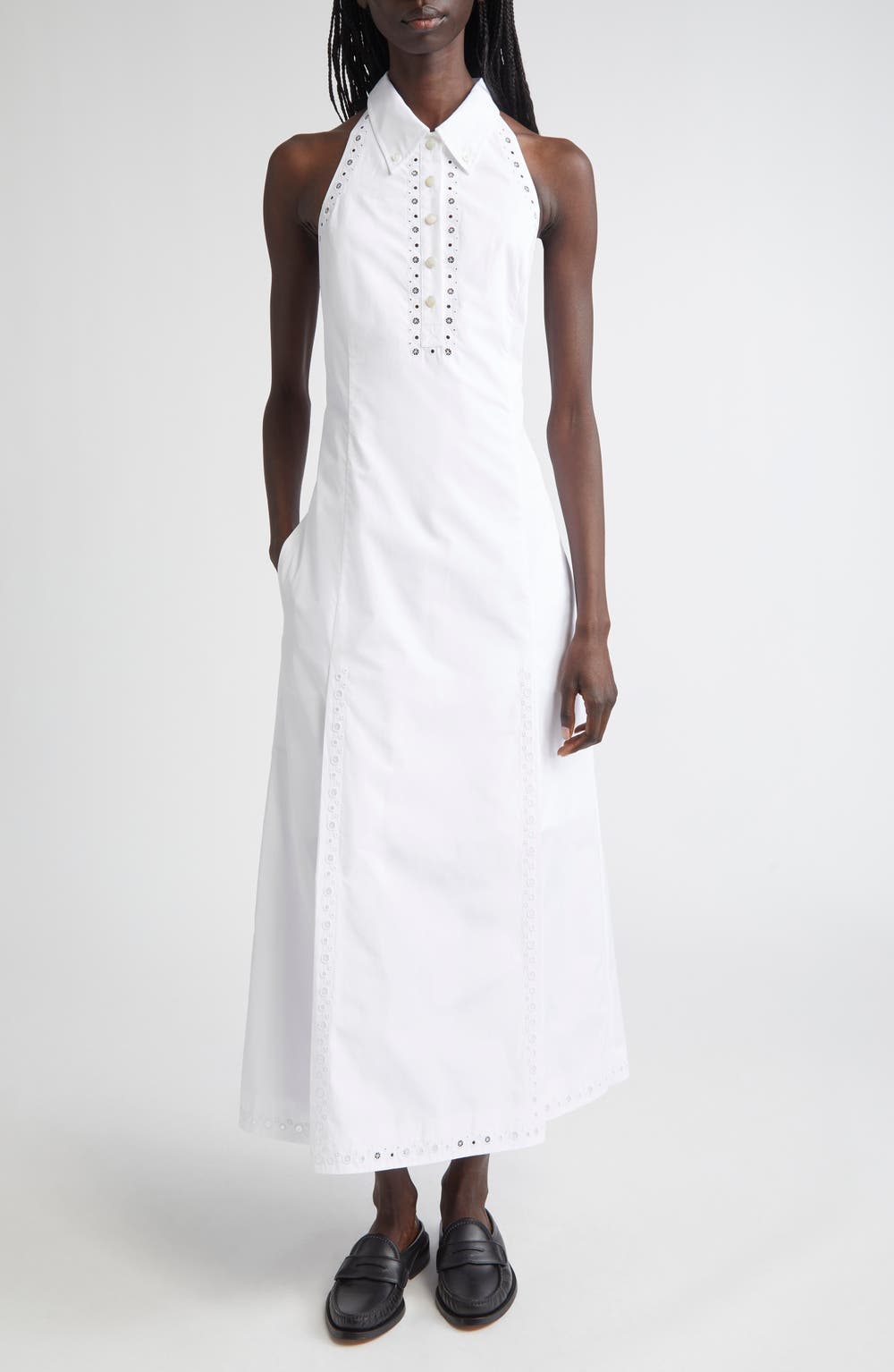 Eyelet Embroidered Cotton Poplin Halter Polo Dress, color, WHITE