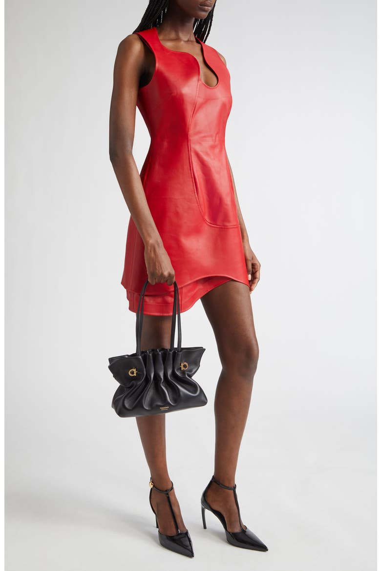 Asymmetric Leather Minidress, Alternate, color, NEW RED