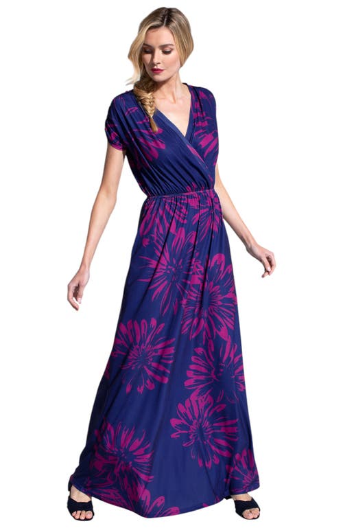 Hotsquash London Clothing Faux-wrap Jersey Maxi Dress In Navy/pink Flower