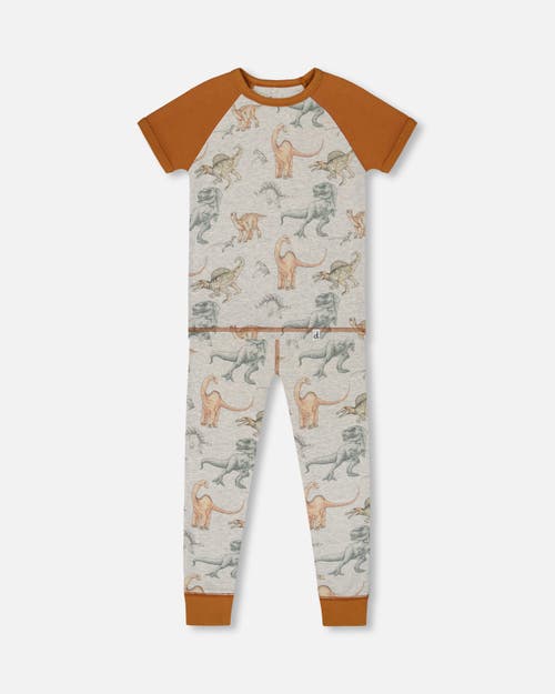 DEUX PAR DEUX DEUX PAR DEUX LITTLE BOY'S ORGANIC COTTON TWO-PIECE SHORT SLEEVE TOP AND PANT PAJAMA SET DINOSAUR ON