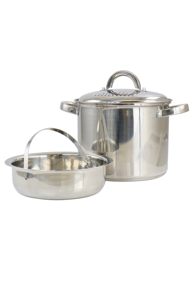 Sangerfield 5 Quart Stainless Steel Pasta Pot with Strainer Lid and Steamer Basket, Main, color, Metallic Silver