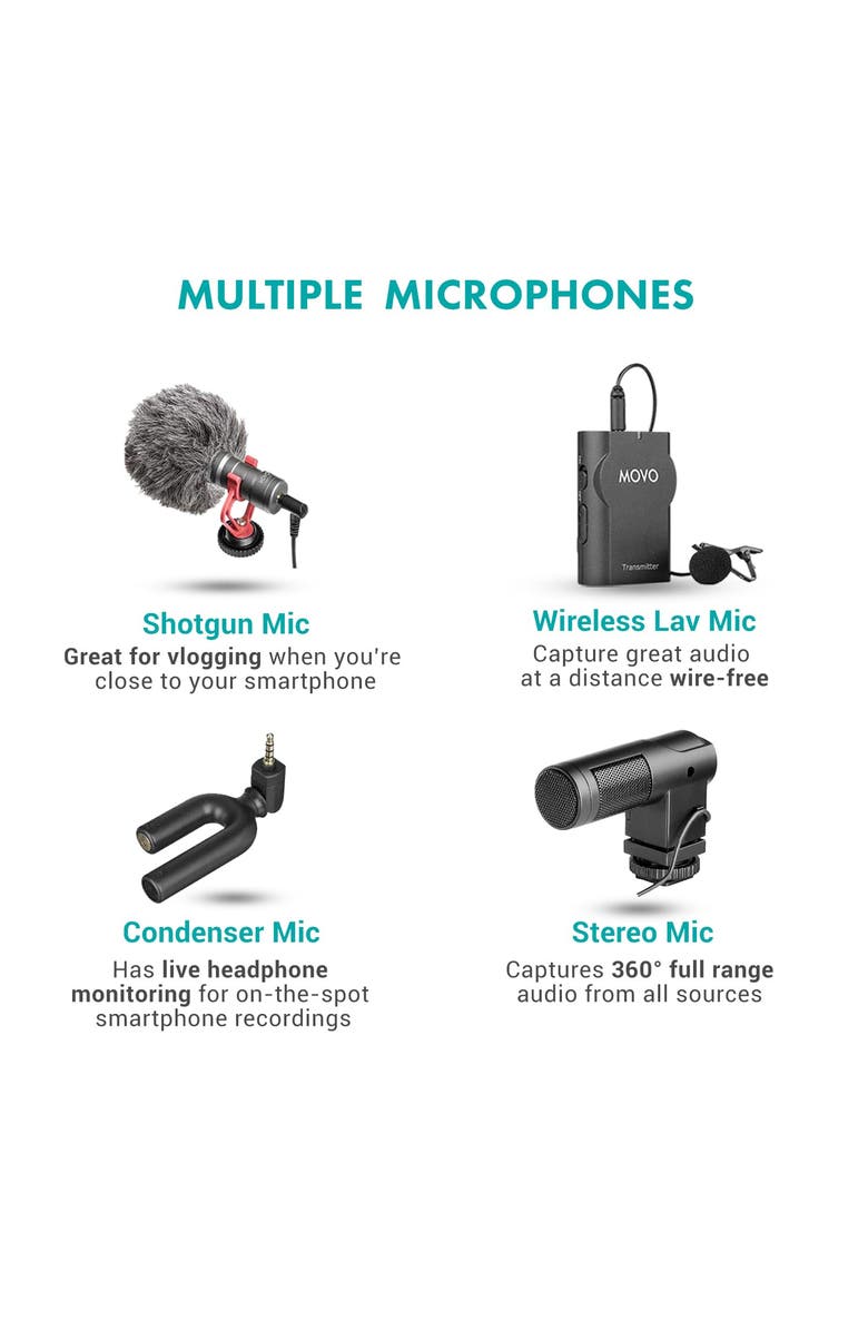 MOVO V8 Huge Vlogging Kit for iPhone with Tripod, Grip, Microphones, LED Lights, and Wireless Remote, Alternate, color, Black