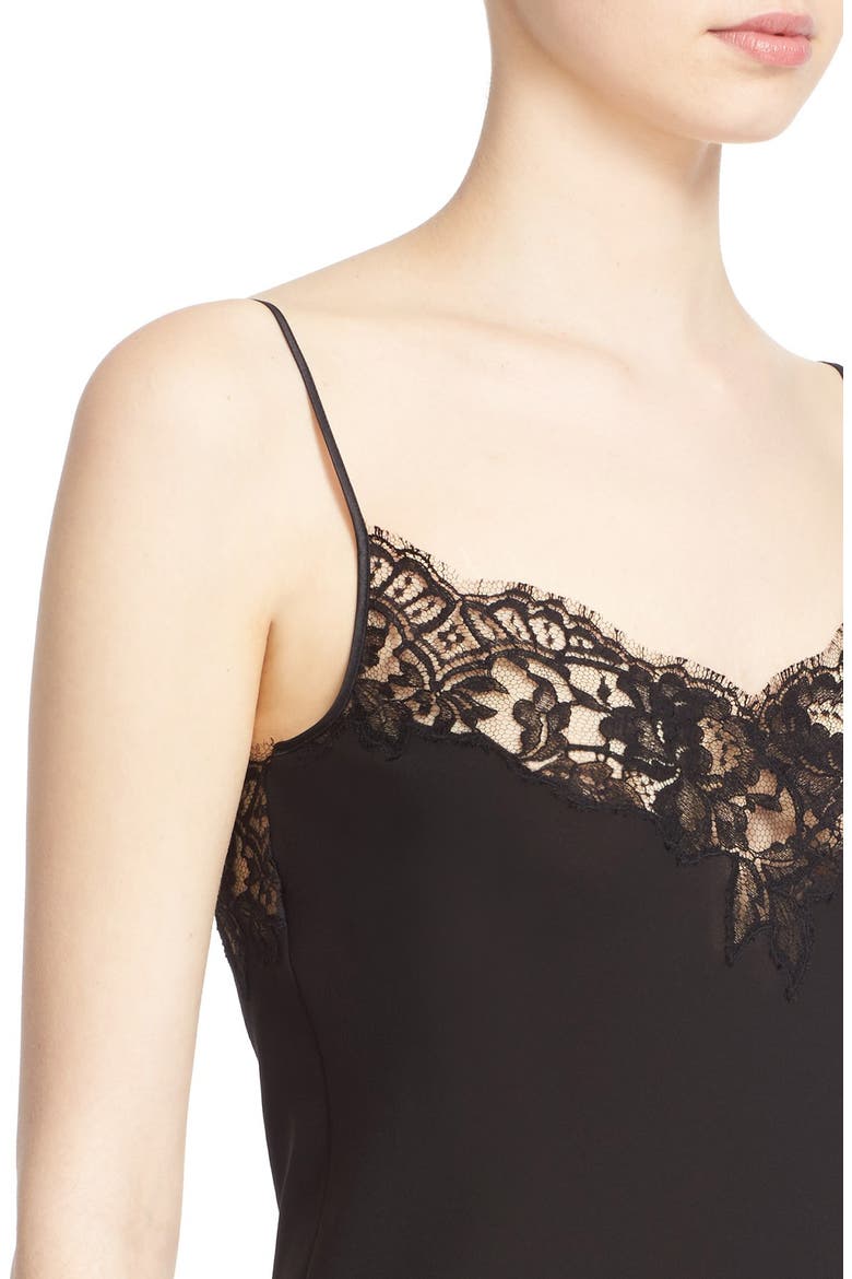 Lace Trim Silk Crepe Dress, Alternate, color, BLACK