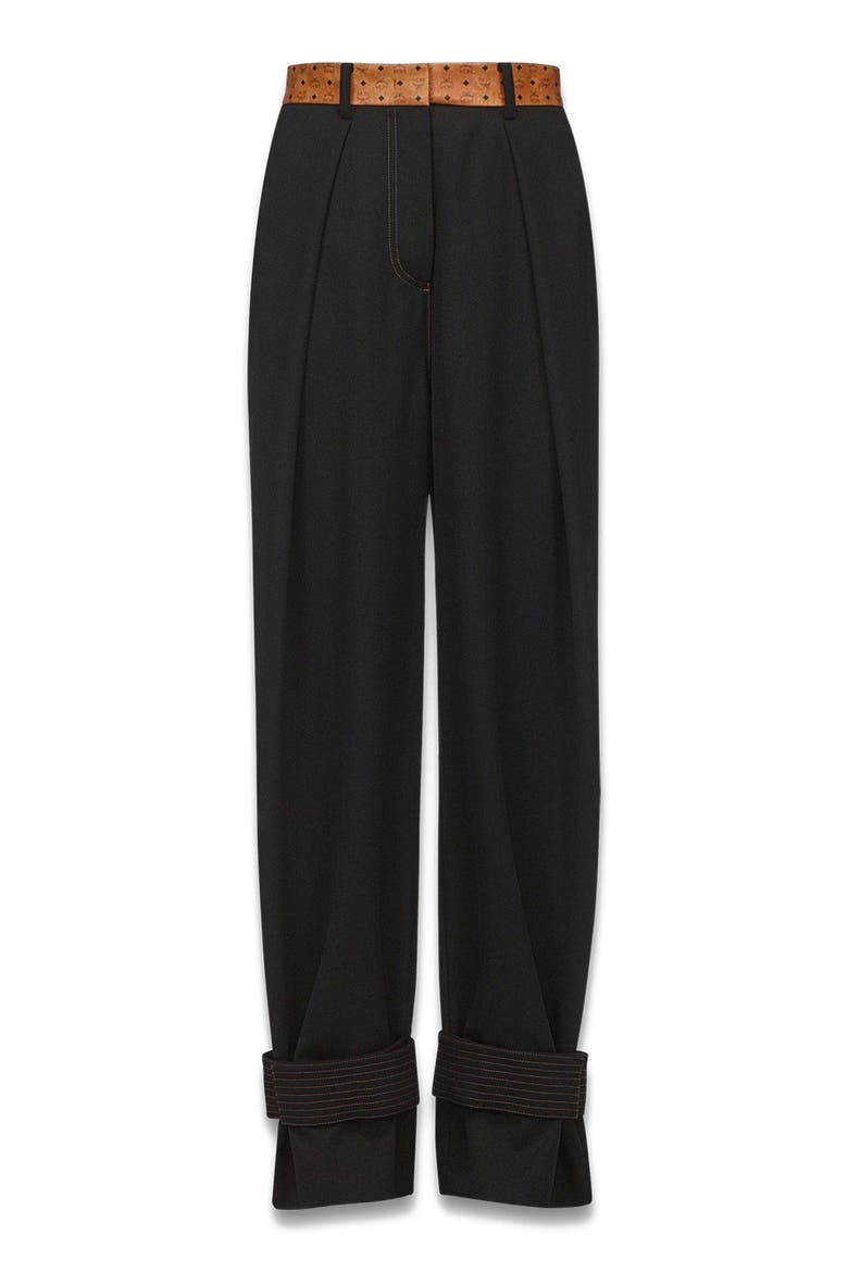 Pants in Wool Twill and Monogram Print Leather, Alternate, color, Black