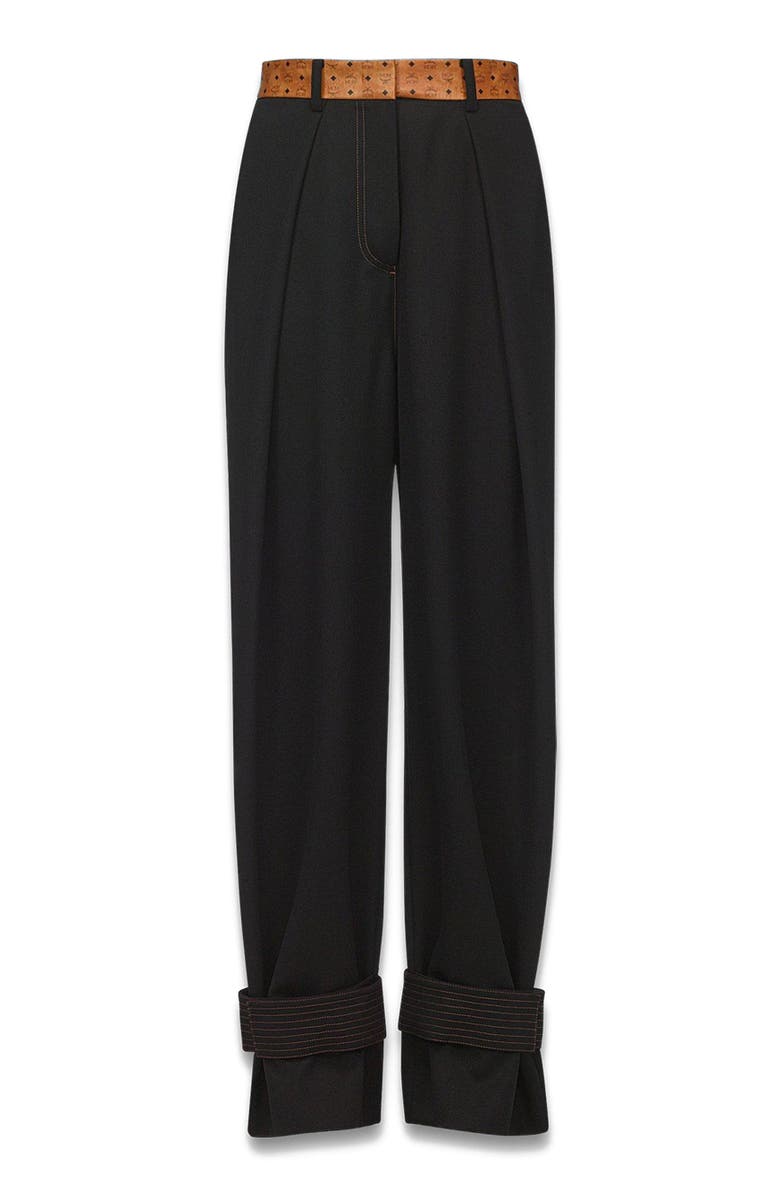 MCM Pants in Wool Twill and Monogram Print Leather, Alternate, color, Black