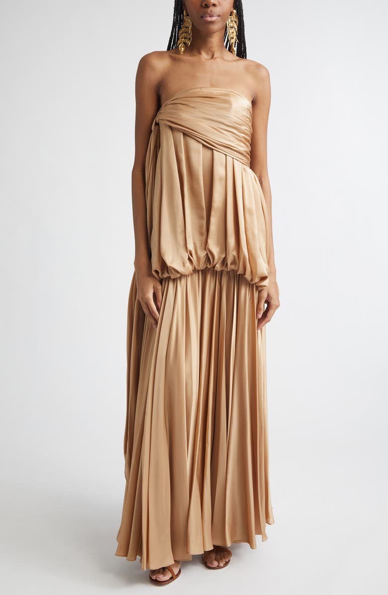 Zimmermann Kindred Spirit Alchemy Billow Strapless Silk Satin Chiffon Maxi Dress, Main, color, Champagne