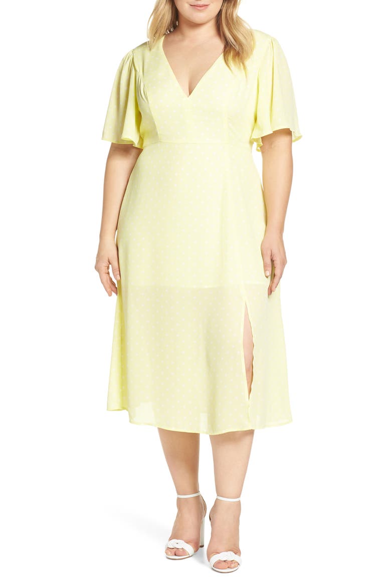Flutter Sleeve Midi Dress, Main, color, YELLOW MERINGUE DOT