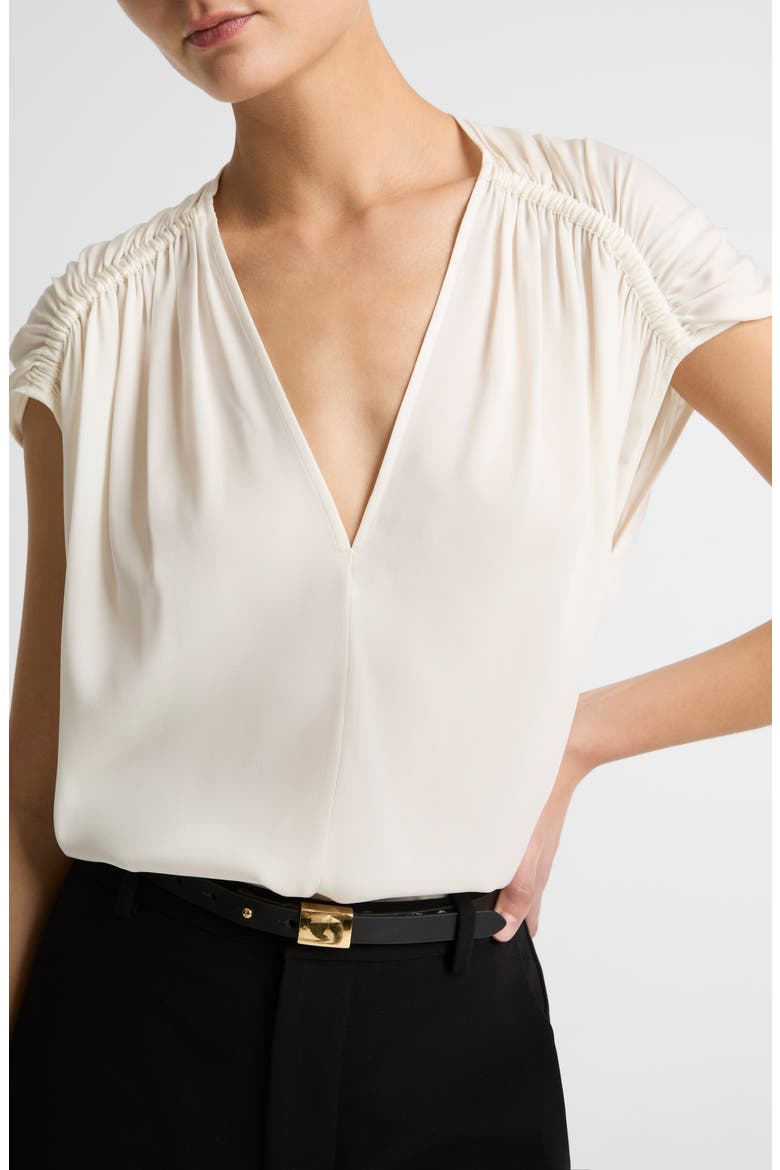 Gathered Cap Sleeve Stretch Silk Top, Alternate, color, OFF WHITE
