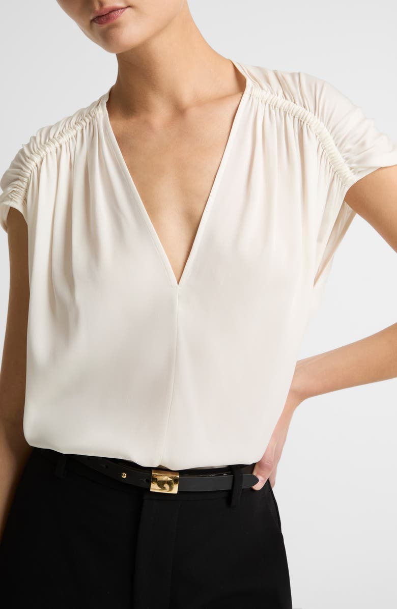 Vince Gathered Cap Sleeve Stretch Silk Top, Alternate, color, Off White
