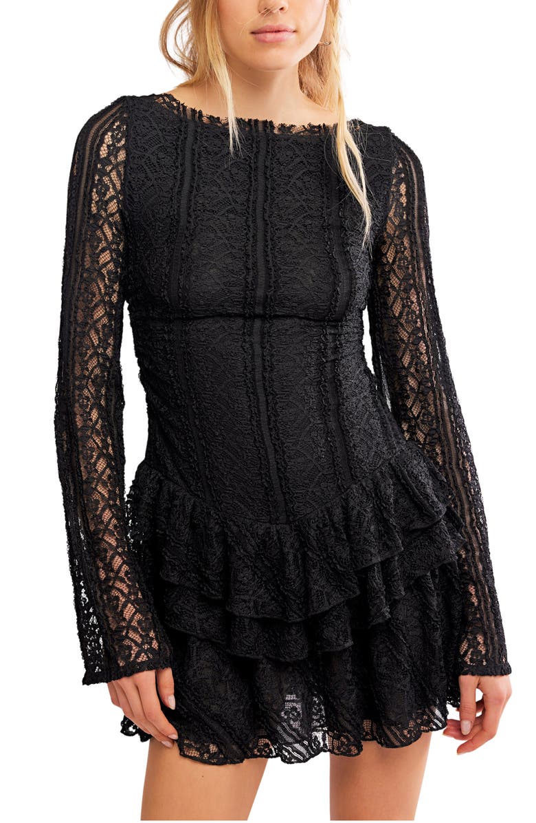 Free People Tabby Lace Long Sleeve Minidress, Alternate, color, Black