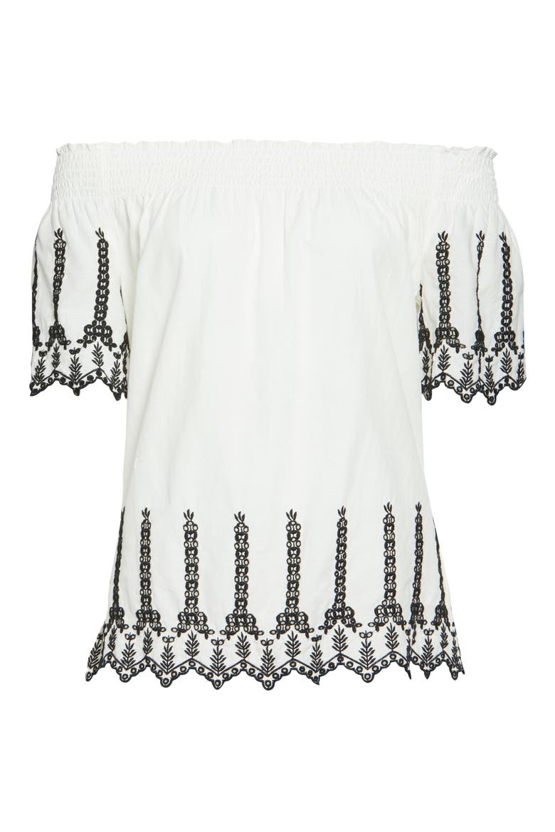 Shery Contrast Embroidery Off the Shoulder Top, Alternate, color, CLOUD DANCER BLACK