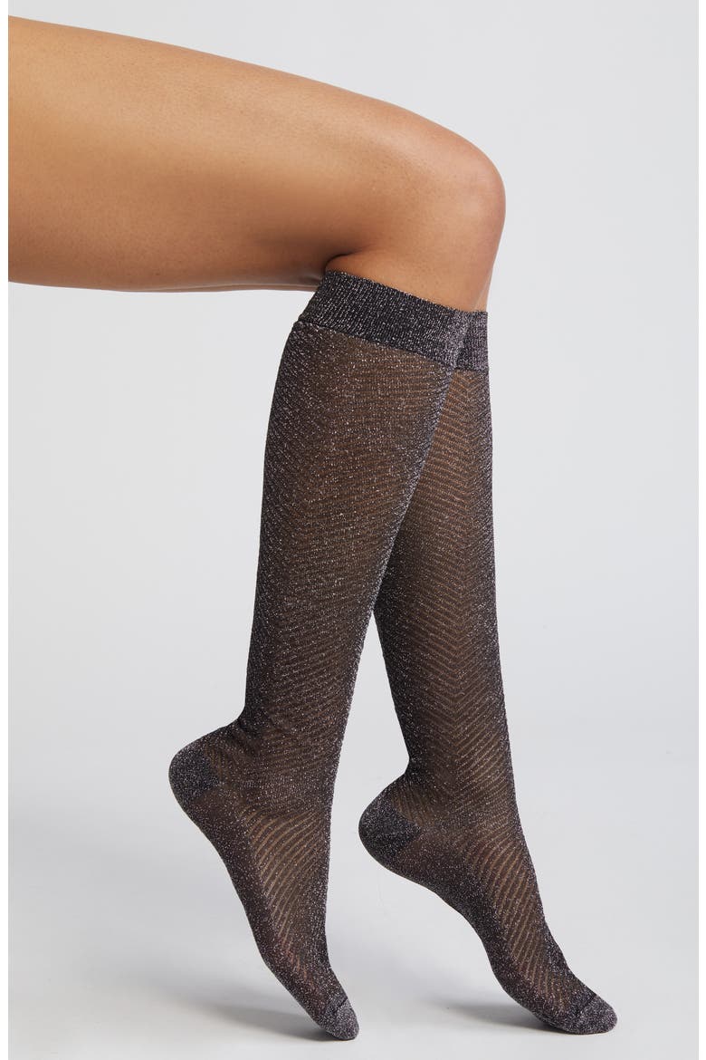 Herringbone Metallic Knee High Socks, Main, color, GUNMETAL
