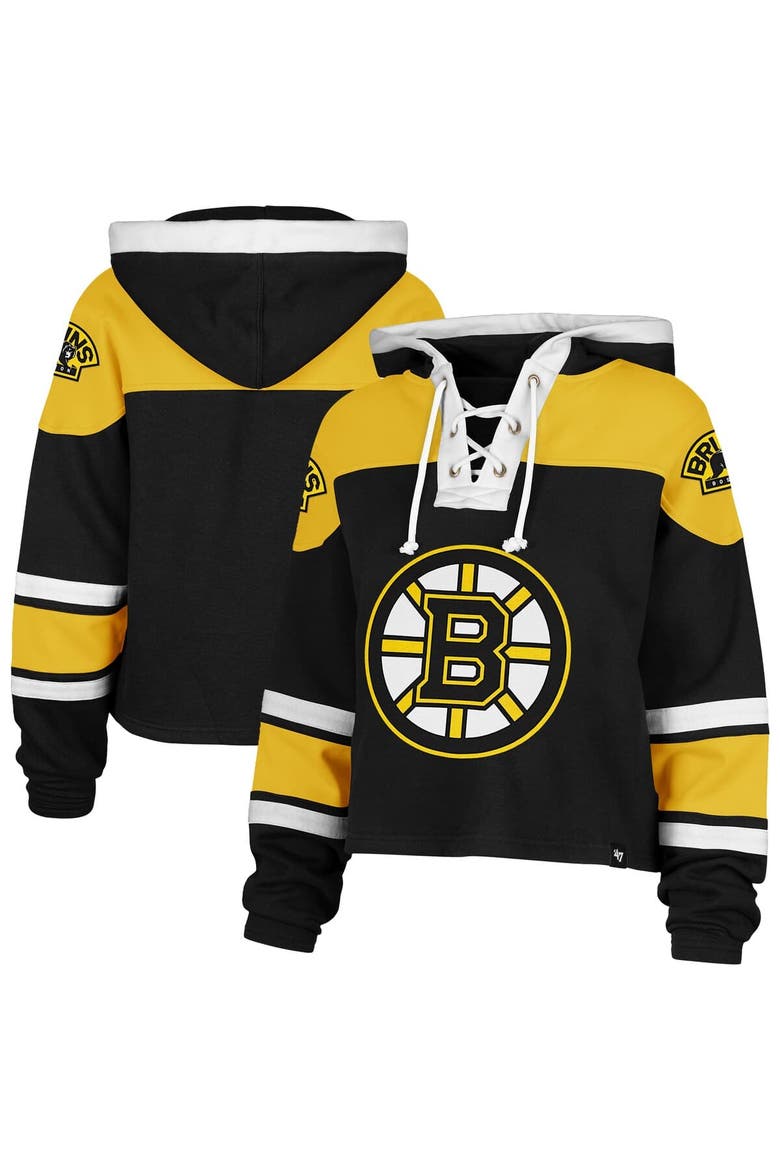 Women's '47 Black Boston Bruins Cropped Superior Lacer Pullover Hoodie, Alternate, color, Black