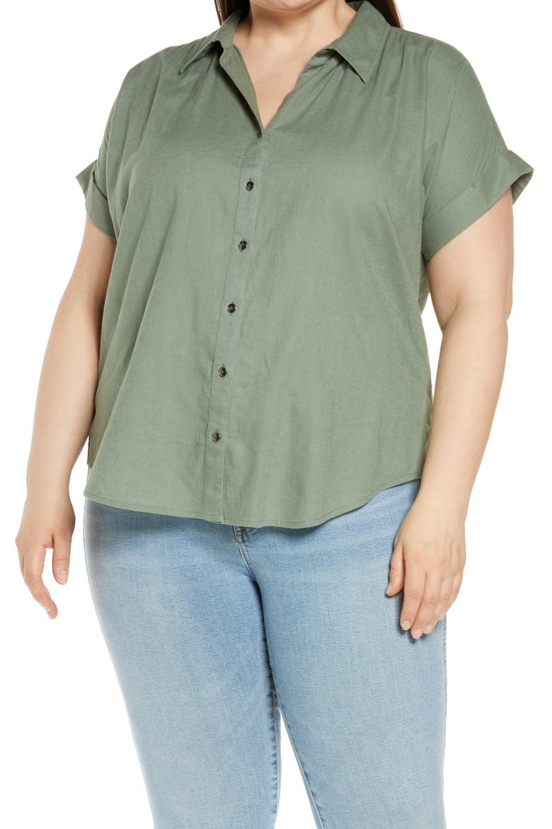 Linen Blend Camp Shirt, Main, color, GREEN DUNE