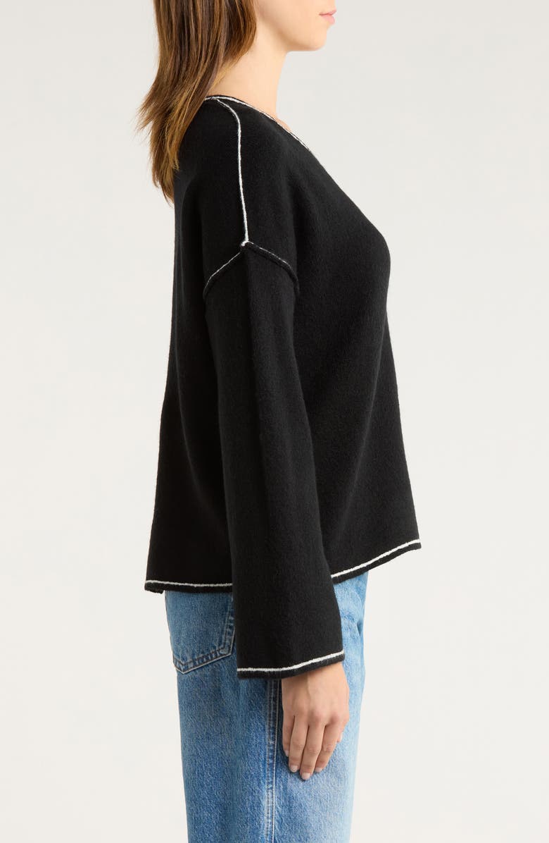 Vince Camuto Contrast Detail V-Neck Sweater, Alternate, color, Rich Black