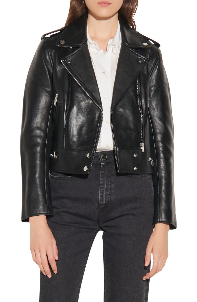 SANDRO Leather Moto Jacket, Main, color,