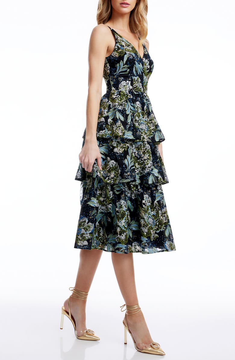 Dress the Population Lorelai Sequin Floral Tiered Cocktail Dress, Alternate, color, Black Multi