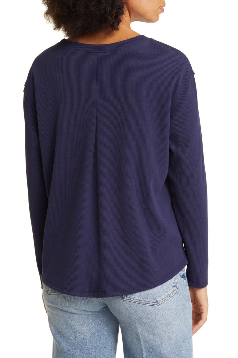 Pleat Black Long Sleeve Rib Top, Alternate, color, NAVY PEACOAT
