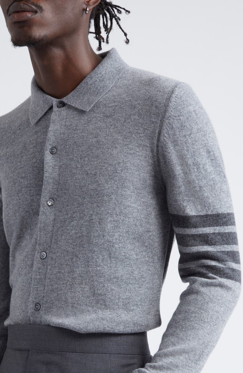 Thom Browne 4-Bar Cashmere Polo Cardigan, Alternate, color, Light Grey
