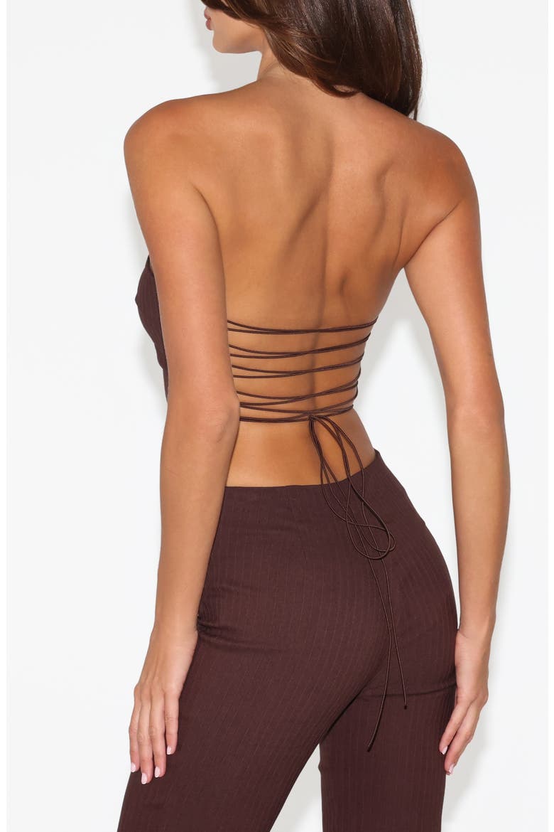 Gwendolyn Pinstripe Lace-Up Strapless Top, Alternate, color, CHOCOLATE