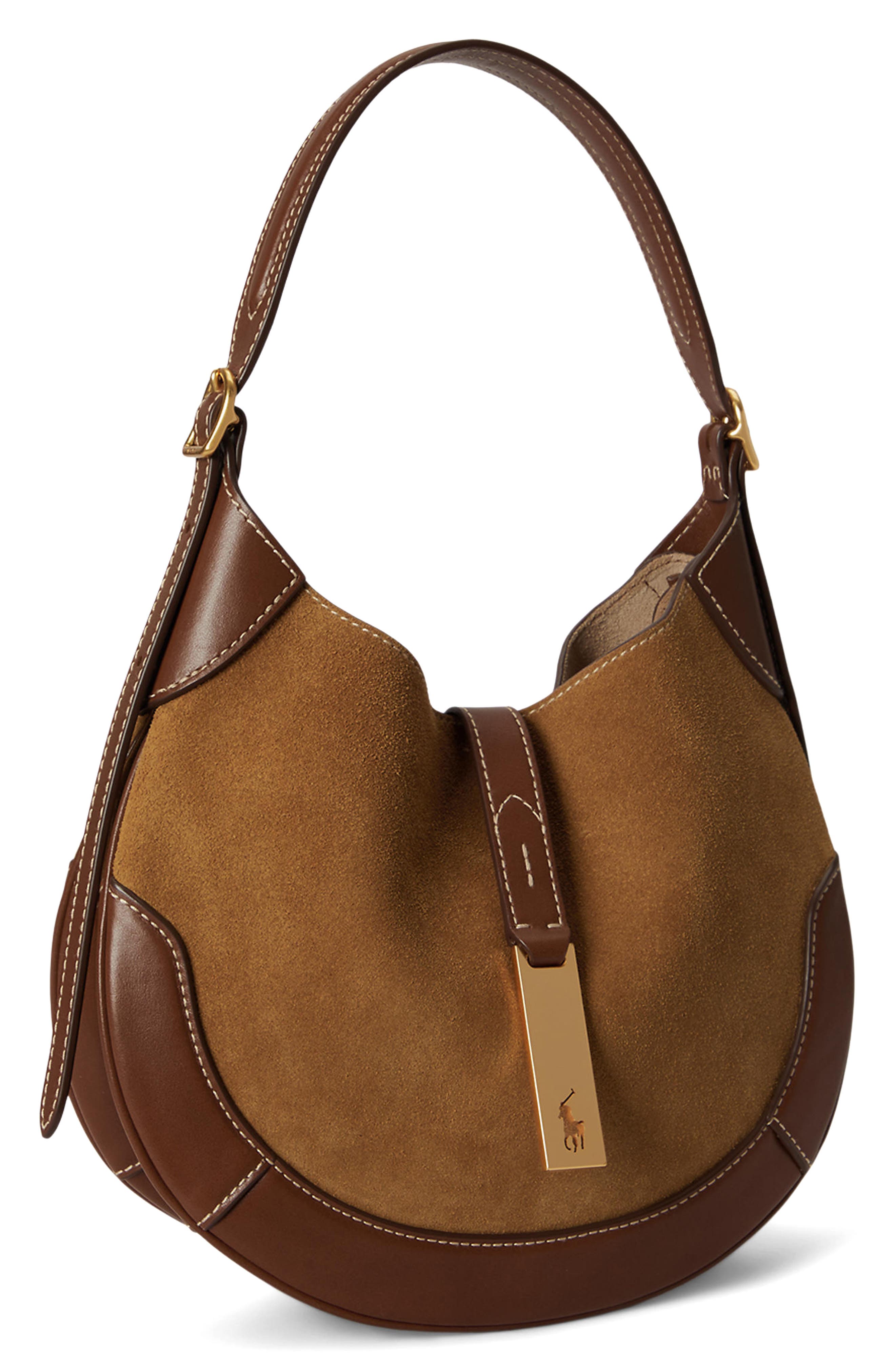 Small Polo ID Suede & Leather Shoulder Bag, Alternate, color, CLAY/ TOBACCO
