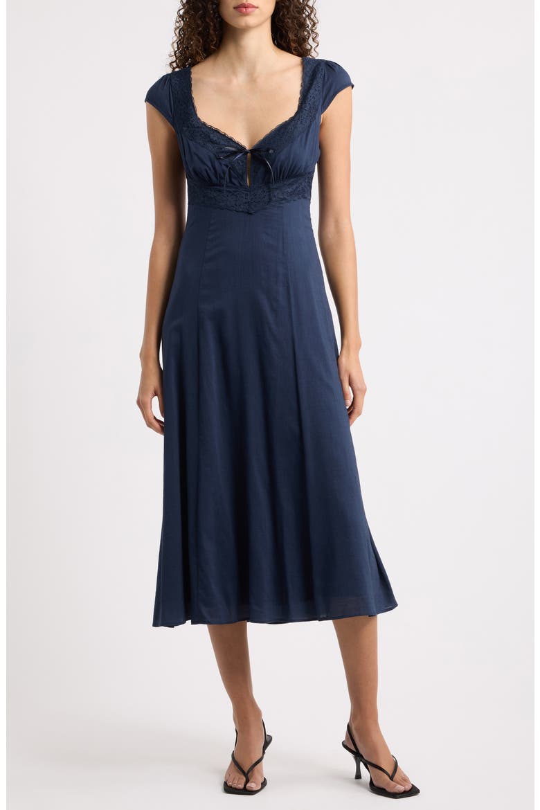 Azelie Lace Trim Midi Dress, Main, color, MIDNIGHT