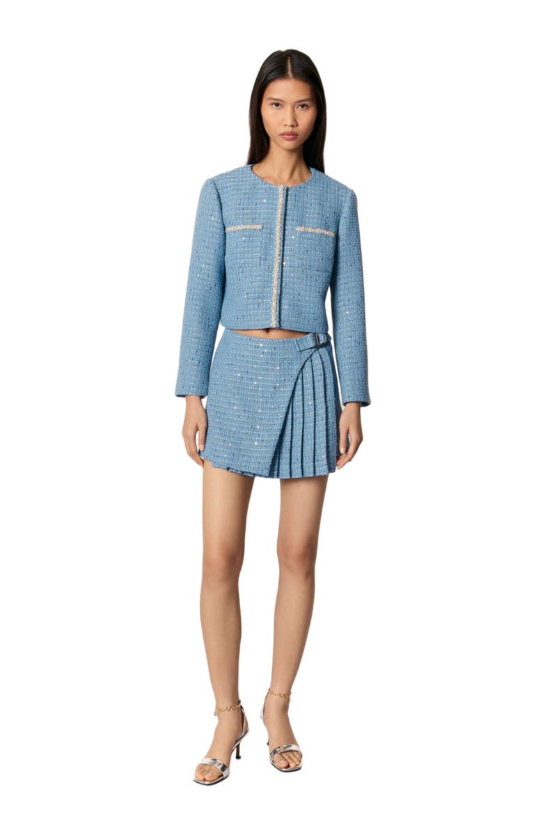 maje Short sequin tweed jacket, Main, color, Blue