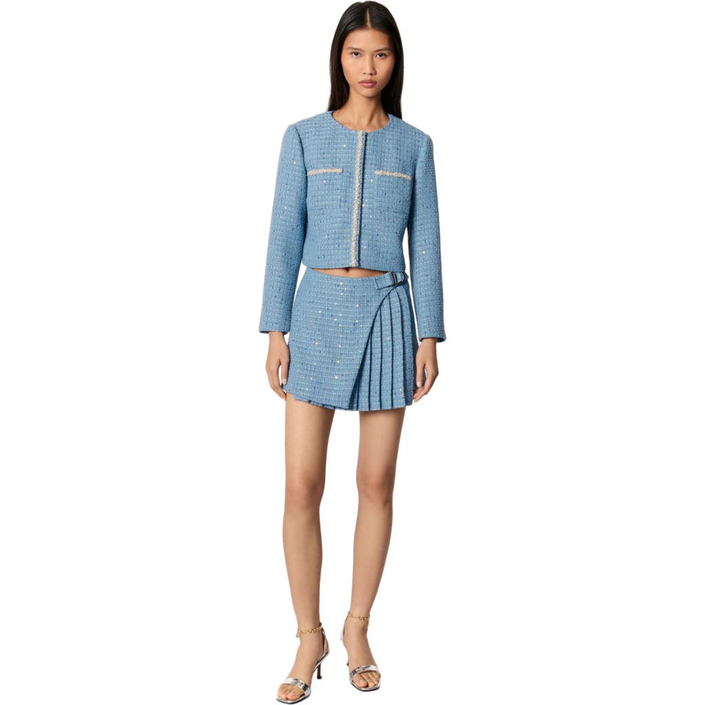 Shop Maje Short Sequin Tweed Jacket In Blue