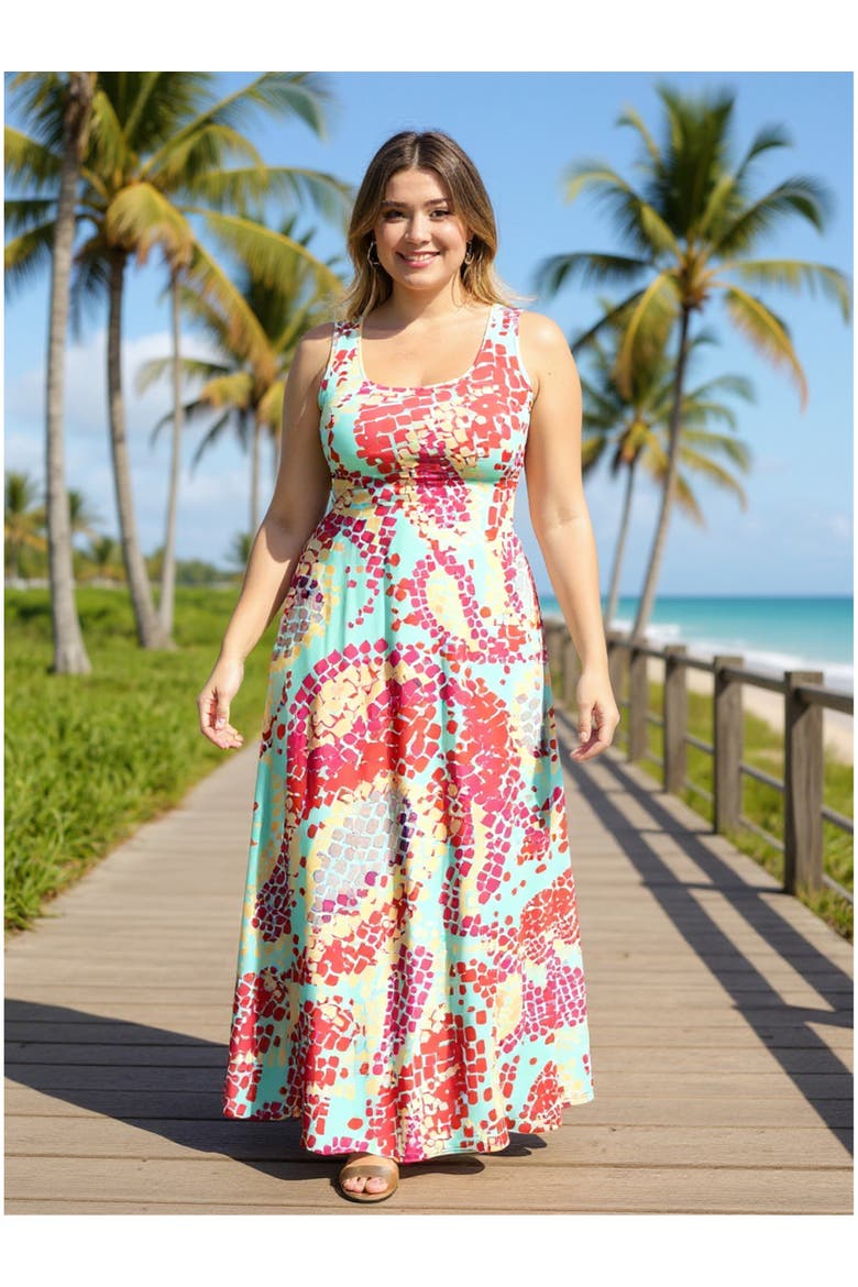 Plus Size Abstract Scoop Neck Sleeveless A-Line Maxi Dress, Alternate, color, Blue Multi