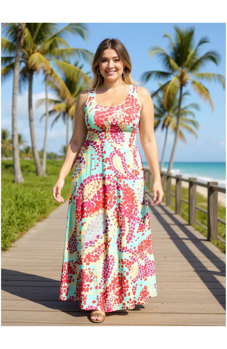 24seven Comfort Apparel Plus Size Abstract Scoop Neck Sleeveless A-Line Maxi Dress, Alternate, color, Blue Multi