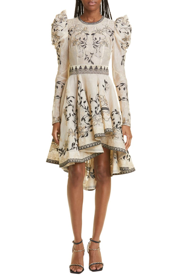 Lyrical Embroidery Long Sleeve High-Low Dress, Main, color, BOOK COVER GOLD/ CREAM